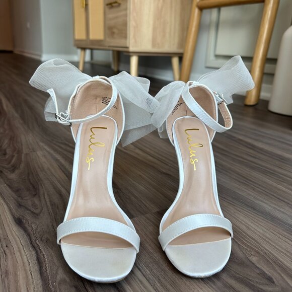 Lulus Ayanna Ivory Satin Bow Ankle Strap High Heel Sandals Size 5 - Picture 8 of 10